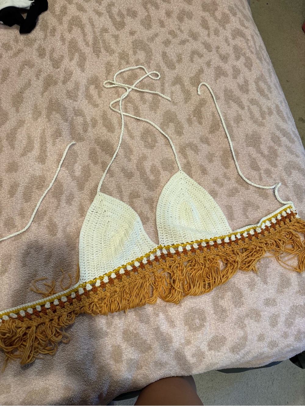 Charlotte Russe Cream Crochet Bralette with Mustard Fringe